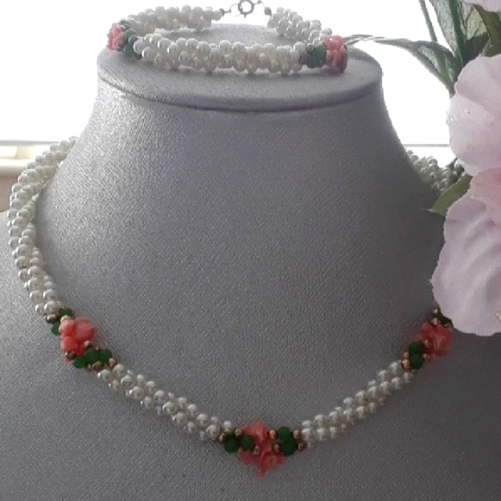 Rice Pearl Necklace and Bracelet Set with Coral Floral Accents